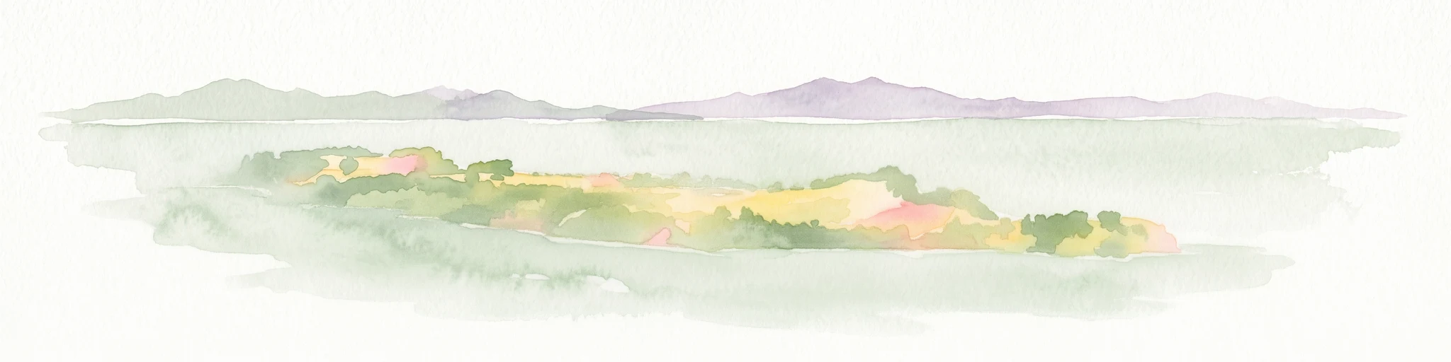 A soft watercolor illustration showing the low-lying shape of Motuora Island surrounded by calm water, with a distant hilly coastline in the background.