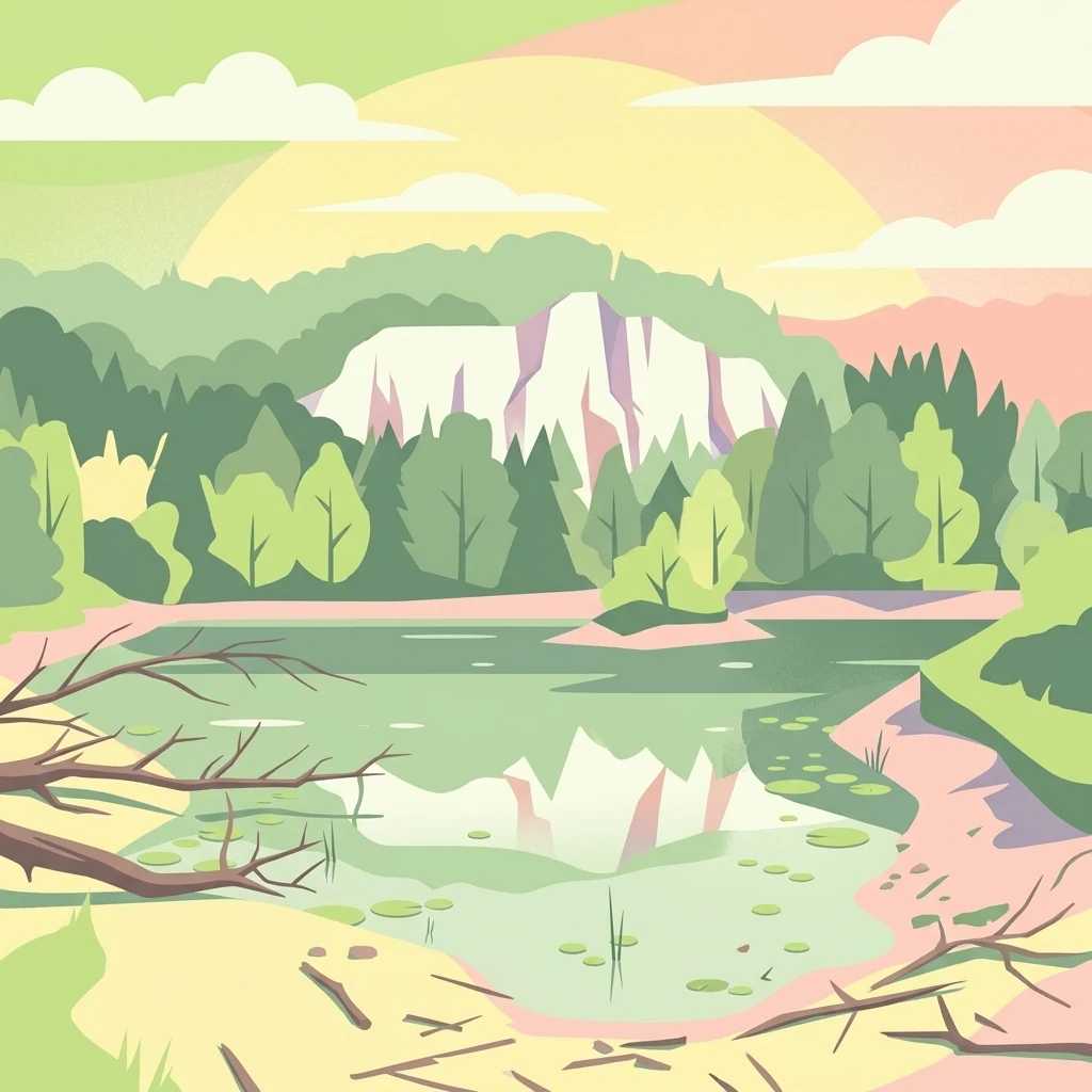 Una ilustración digital estilizada de una reserva natural que presenta una masa de agua tranquila con reflejos, un acantilado boscoso central y un cielo iluminado por el sol.