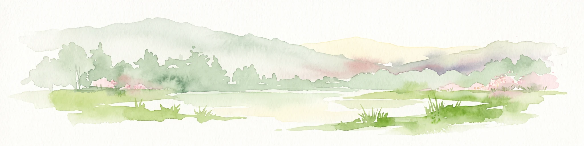 A watercolor landscape painting showing green hills, trees, and marshy river banks.