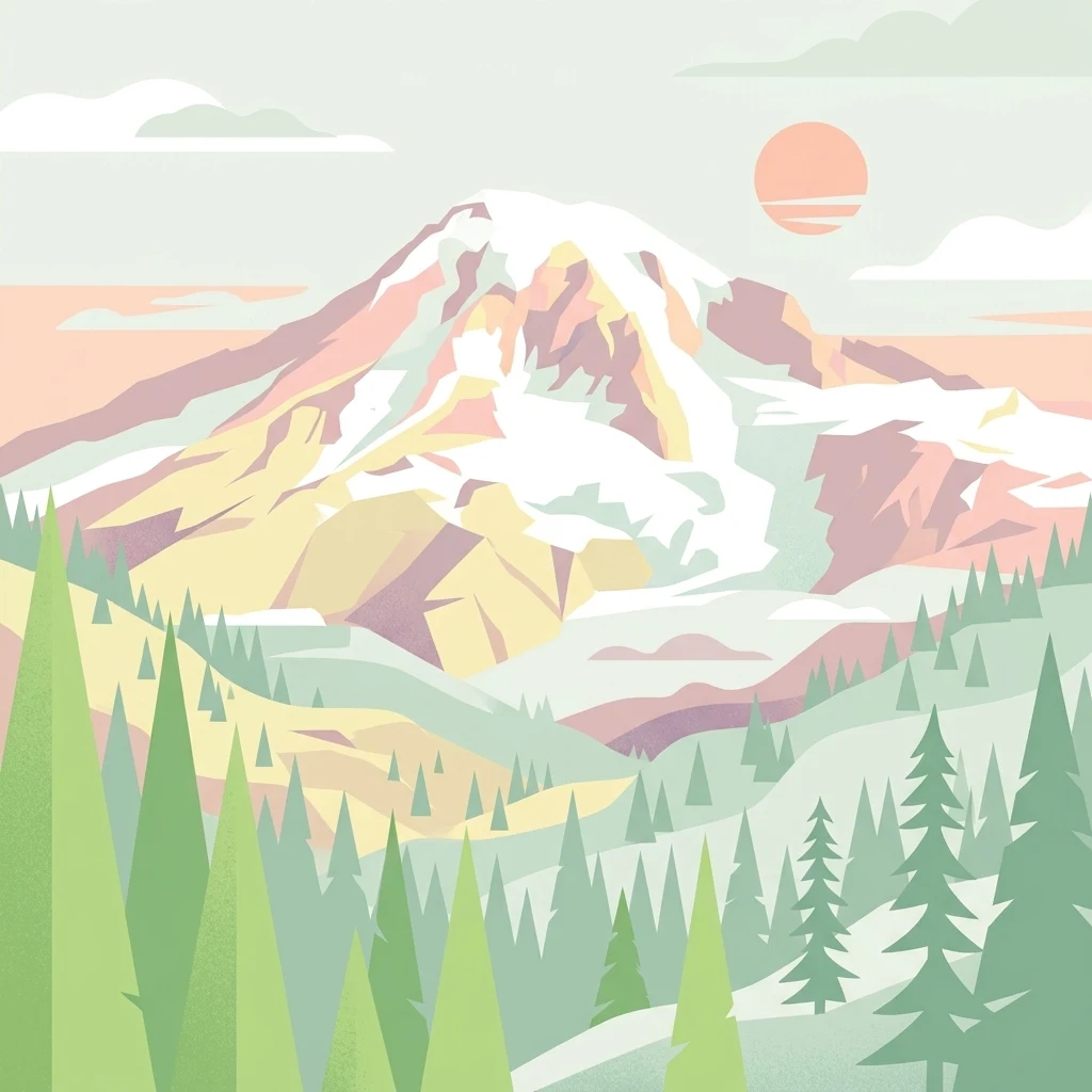 Una ilustración vectorial minimalista de un pico volcánico nevado que se eleva sobre un denso bosque de coníferas al atardecer.