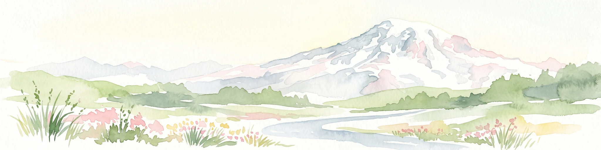 Watercolor painting of a snow covered volcanic mountain peak in the distance behind a foreground of green meadow, wildflowers, and a winding river.
