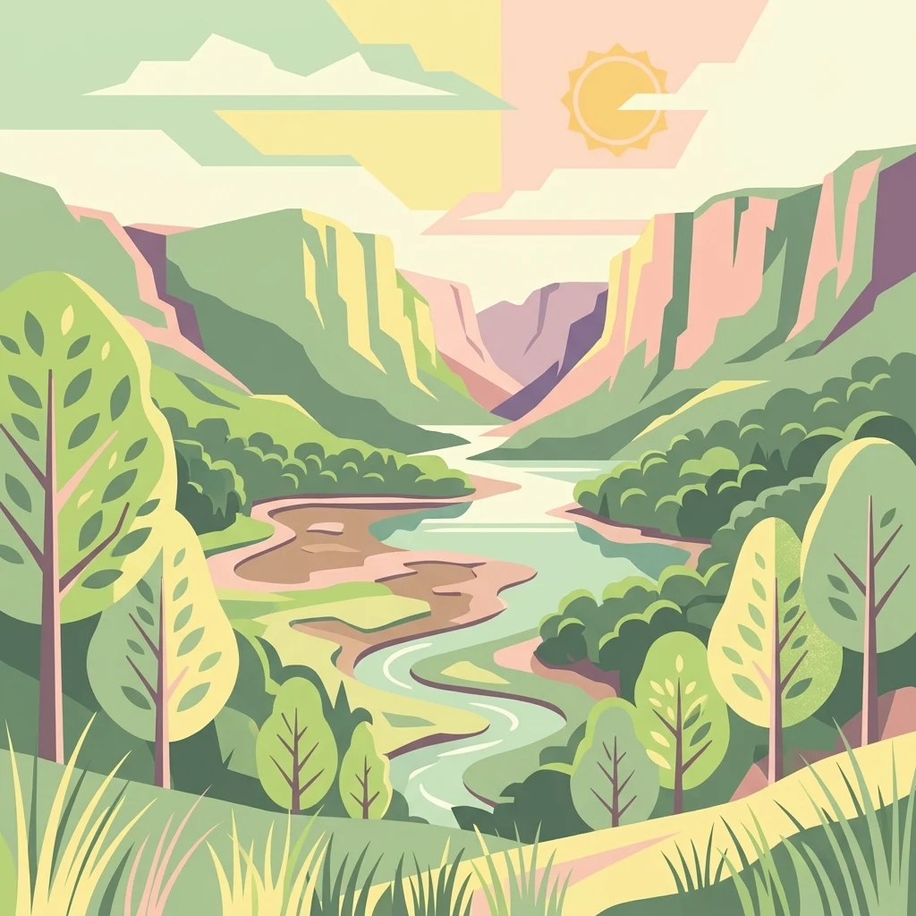 A graphic illustration of a winding river flowing through a forested valley between mountain ridges under a stylized sun.