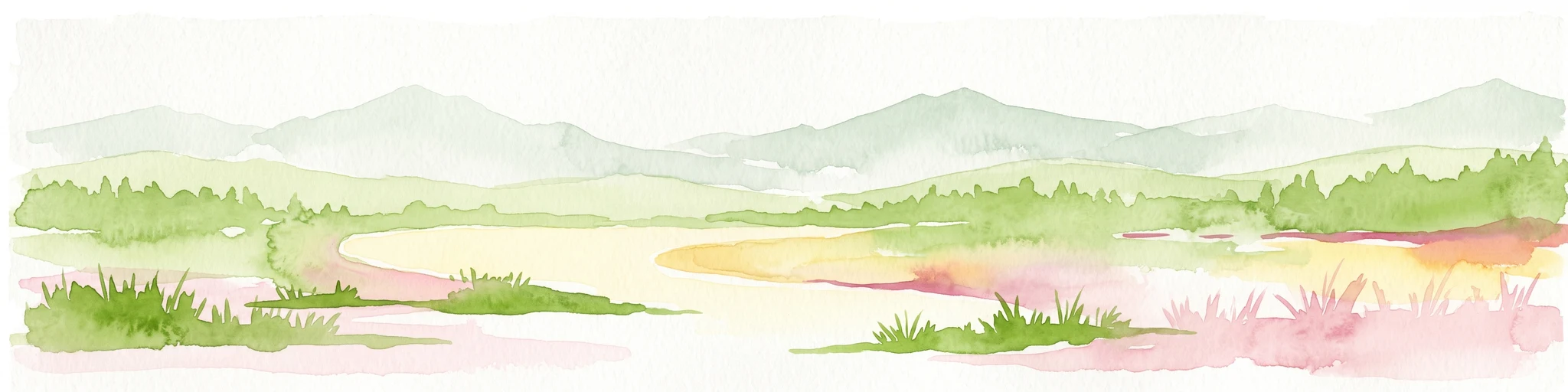 Una ilustración en acuarela de una cadena montañosa con tonos verdes, amarillos y rosa suave, con colinas onduladas y laderas boscosas en formato panorámico.