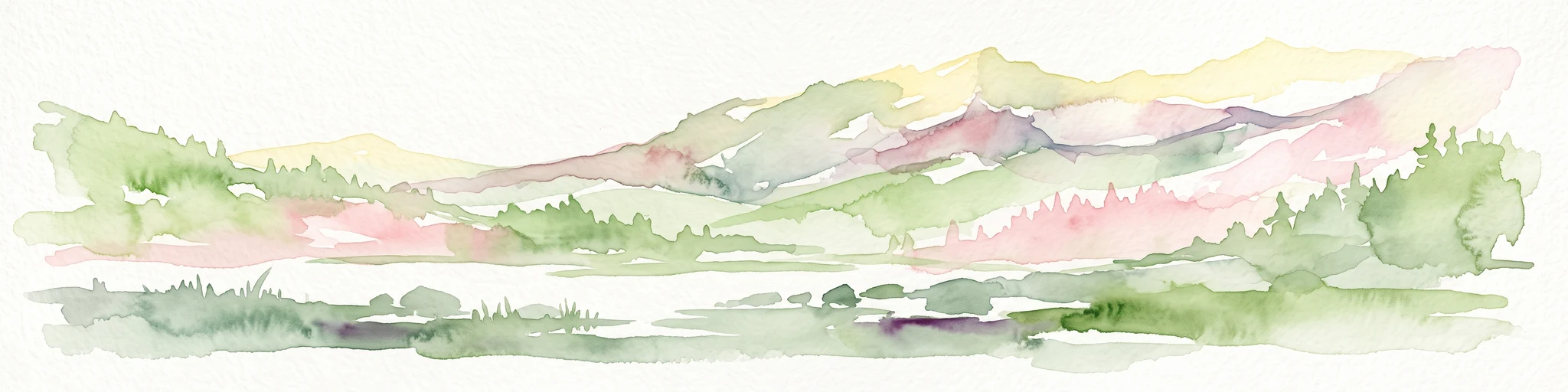 A watercolor painting showing a range of mountains in the background with soft pink, green, and yellow hues, with forest vegetation in the midground and foreground on a white background.