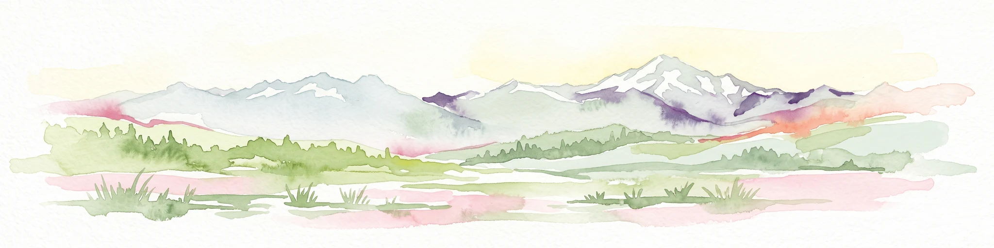 A watercolor painting showing a panoramic view of mountain peaks in the distance above green foothills and plains.