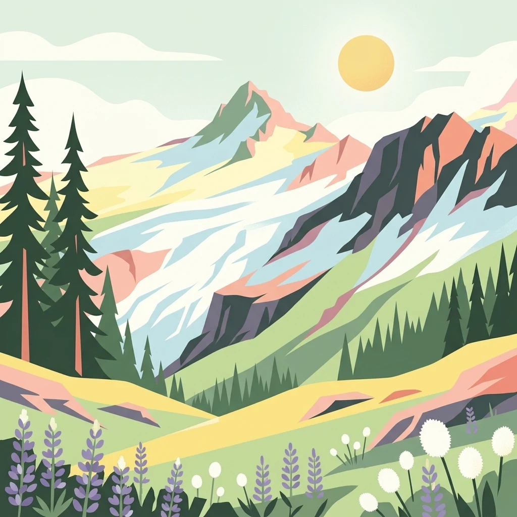 A flat-style digital illustration of a jagged mountain peak with snowy slopes, dense evergreen forests on the left, and a field of purple and white alpine wildflowers in the foreground under a yellow sun.