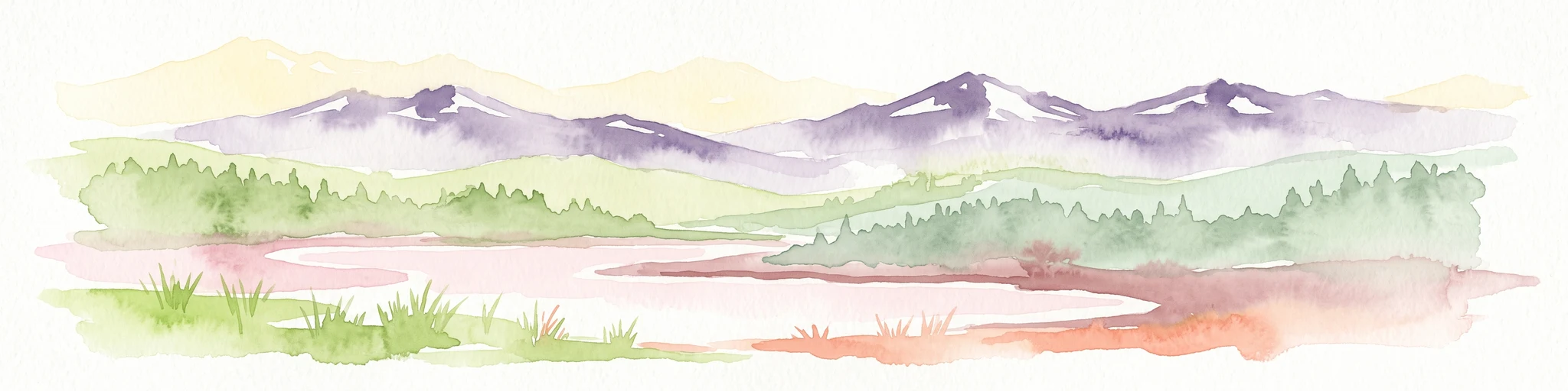 A horizontal watercolor painting showing a range of purple-tinted mountain peaks above a green forest and a light pinkish shoreline.