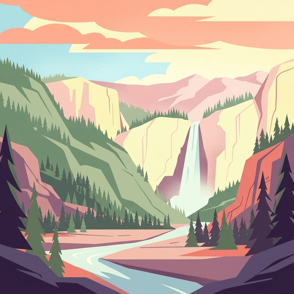 Stylized digital illustration of a mountain valley featuring a central waterfall, a flowing river, pine trees, and layered cliffs under a warm sky.