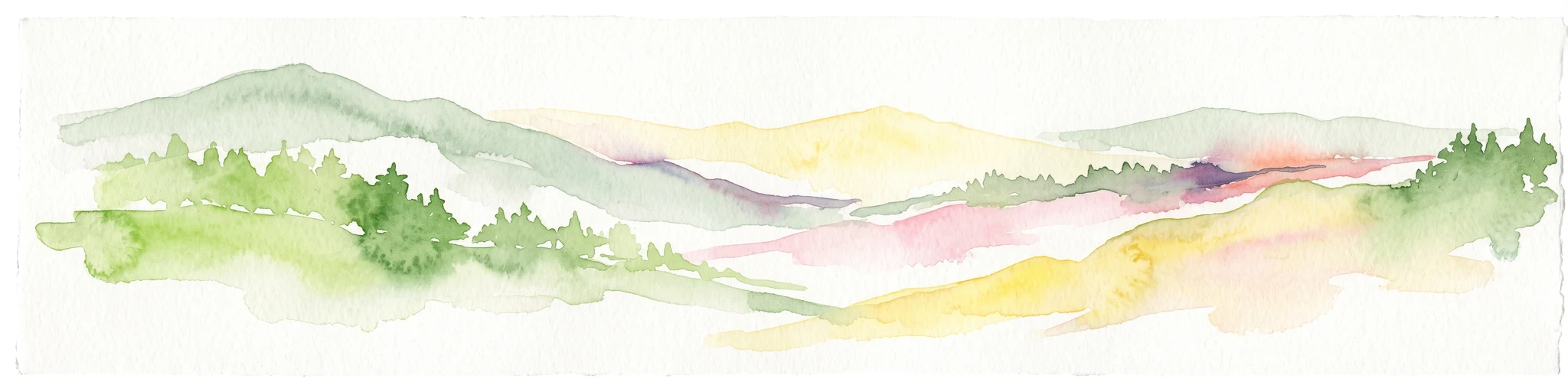 Watercolor painting showing stylized green mountains, pine trees, and soft yellow and purple tones in the landscape.