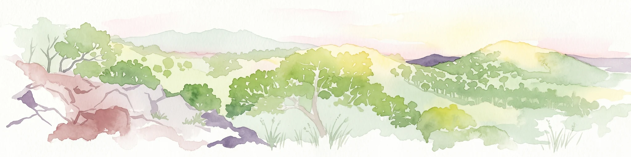 Ilustración en acuarela que muestra un paisaje con colinas, árboles y montañas distantes bajo un cielo claro
