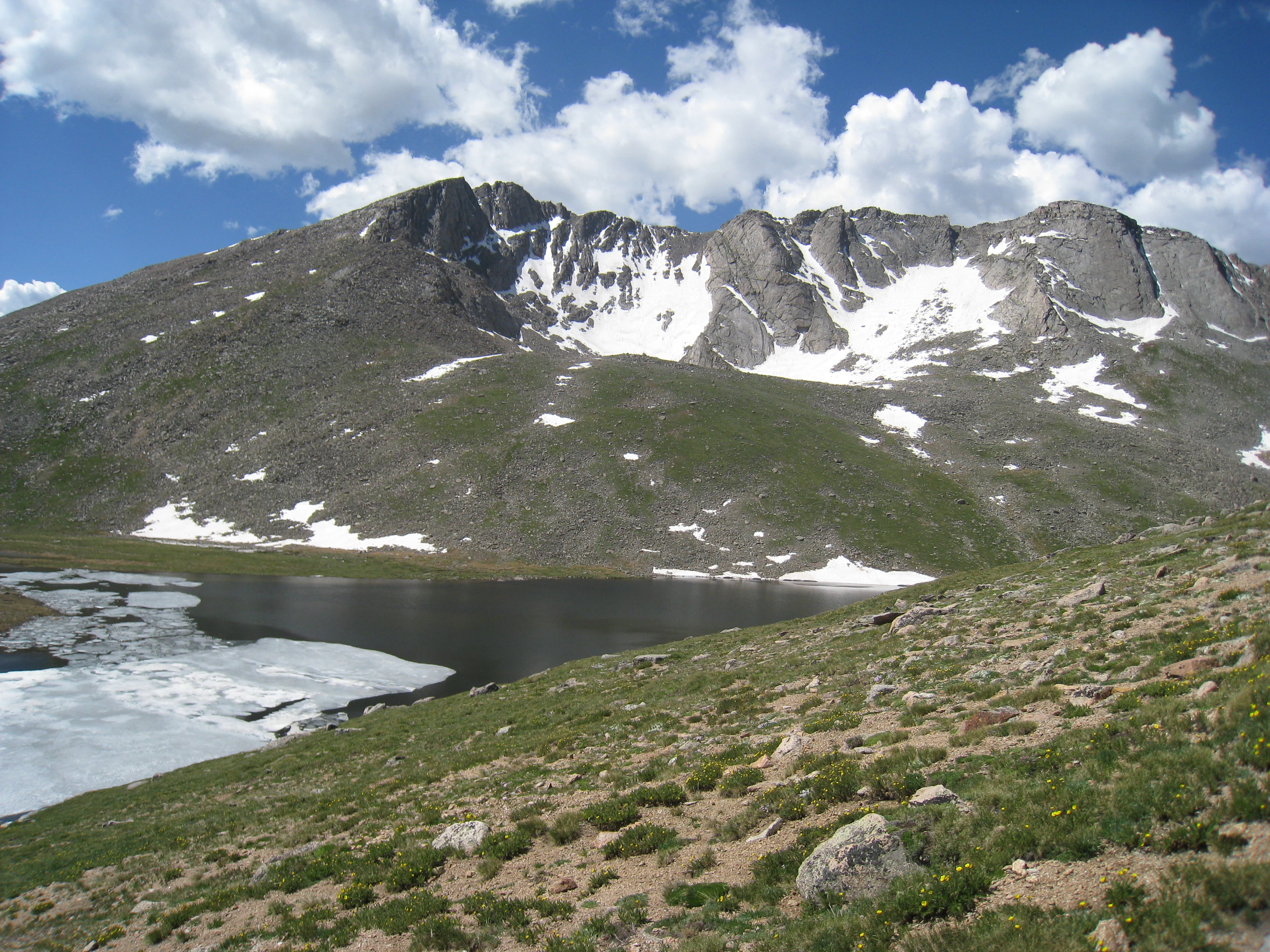 A wide shot of a rocky mountain with snow patches rising behind a lake with floating ice, surrounded by green alpine vegetation under a blue sky with white clouds.