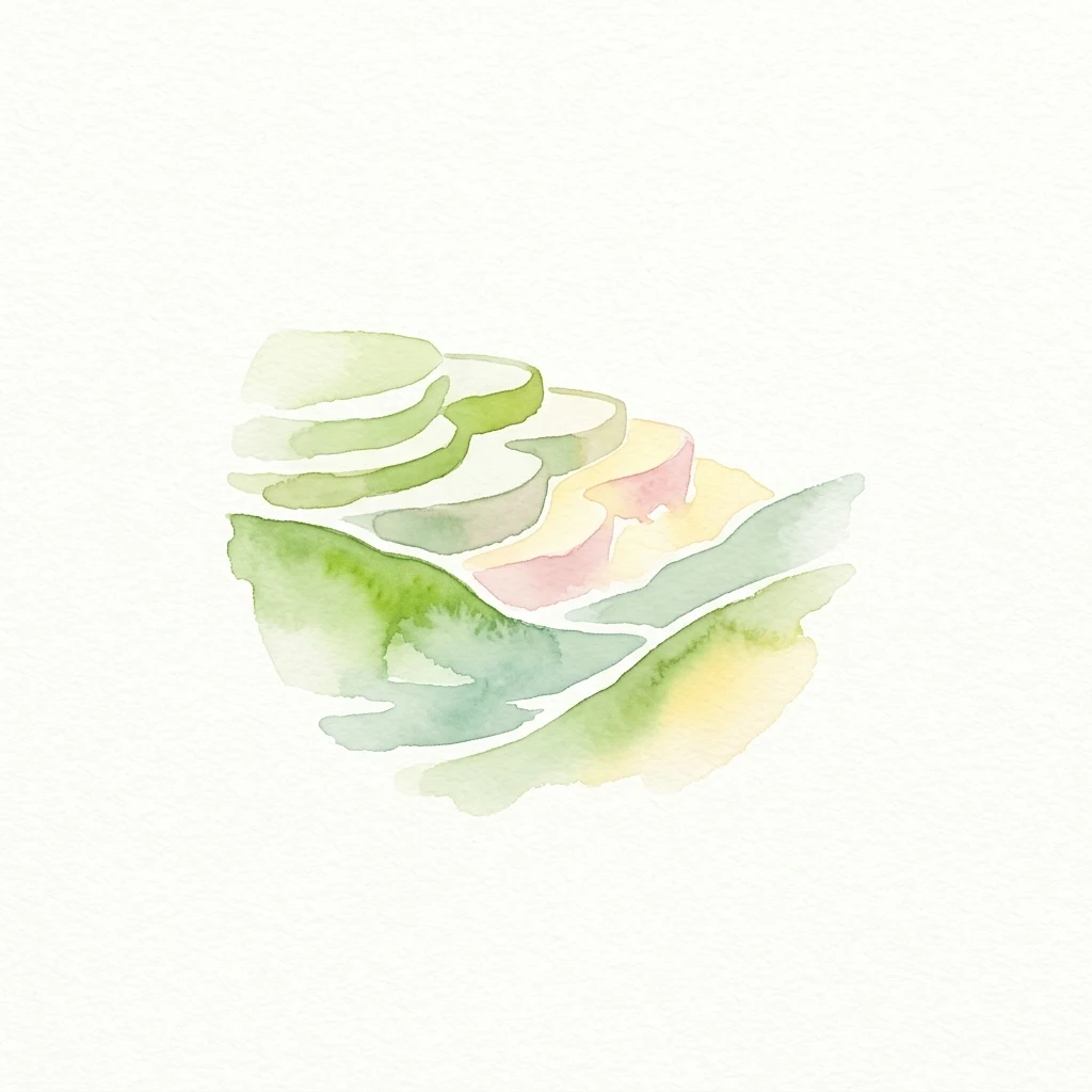 Watercolor illustration of terraced hills with green, pink, and yellow hues
