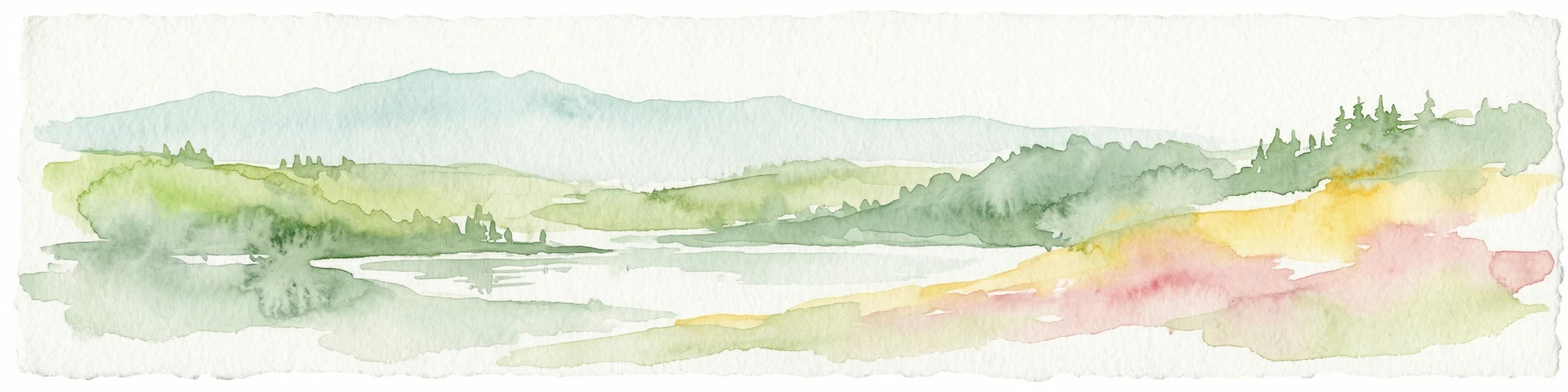 Pintura de acuarela que muestra un lago con colinas y bosque al fondo