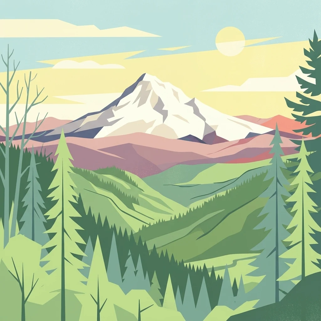 A graphic art style illustration showing a snow capped mountain peak in the background with a sun low in the sky; the foreground features a dense evergreen forest and rolling hills.