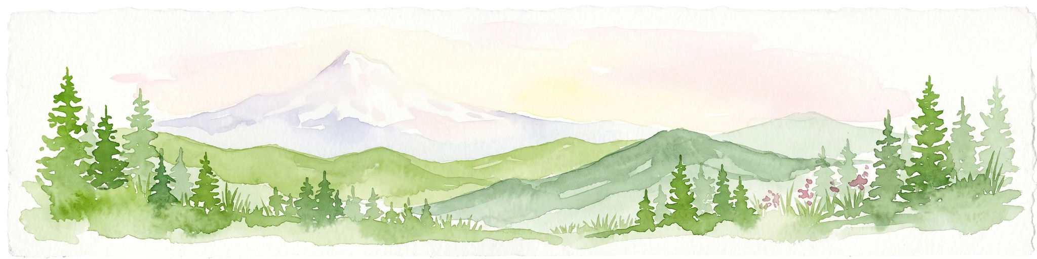 A watercolor painting showing a snowy mountain peak in the background rising above rolling green hills and pine forests in the foreground.