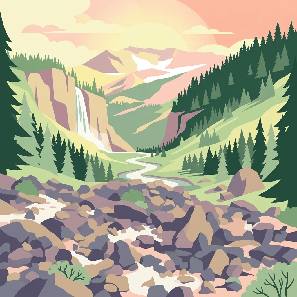 A stylized digital illustration of a mountainous landscape with a waterfall flowing down a cliff, a winding river, evergreen forests, and a rocky foreground under a soft sunset sky.
