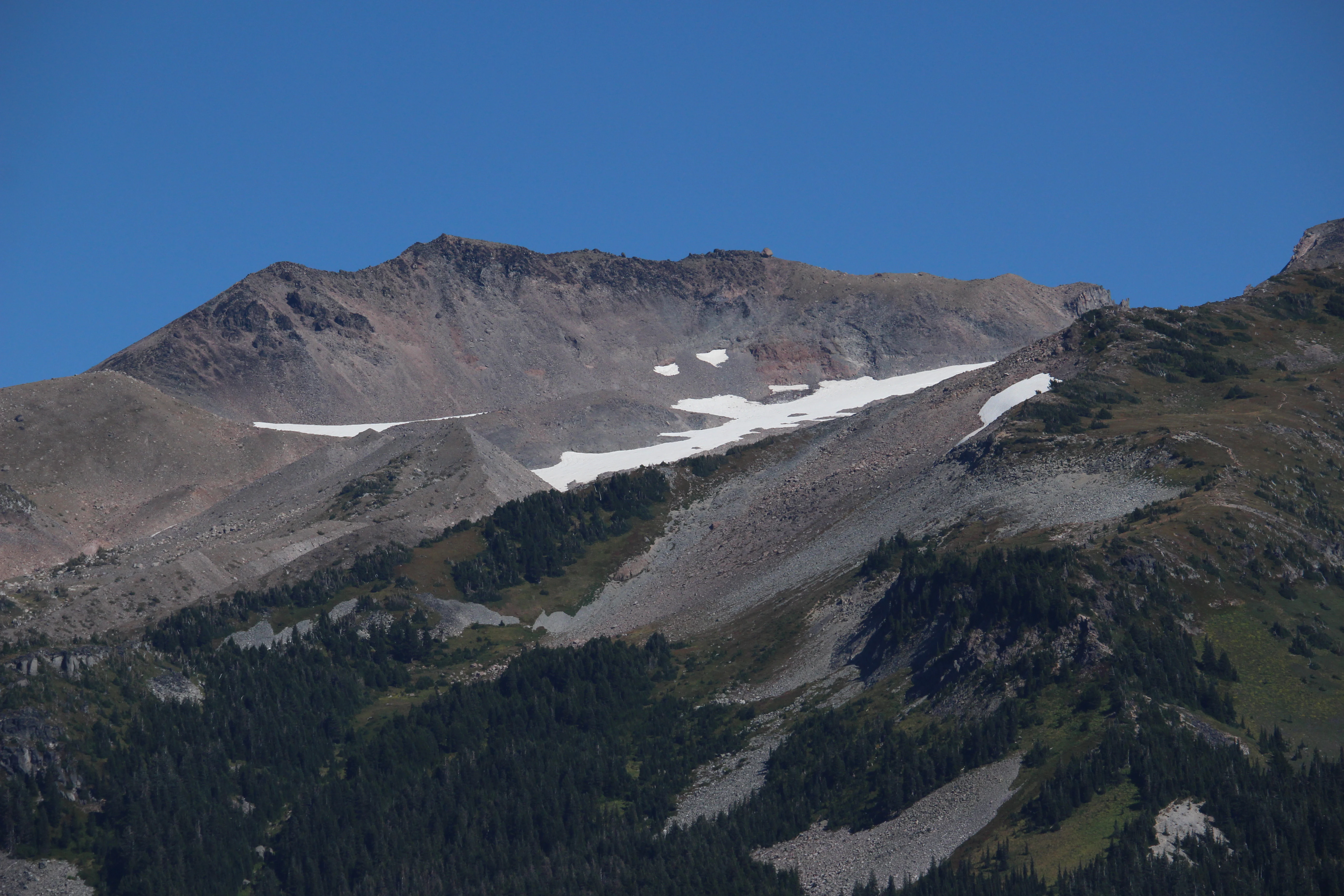 A high angle shot of a rocky, rugged mountain ridge featuring patches of snow and evergreen forest coverage against a clear blue sky.