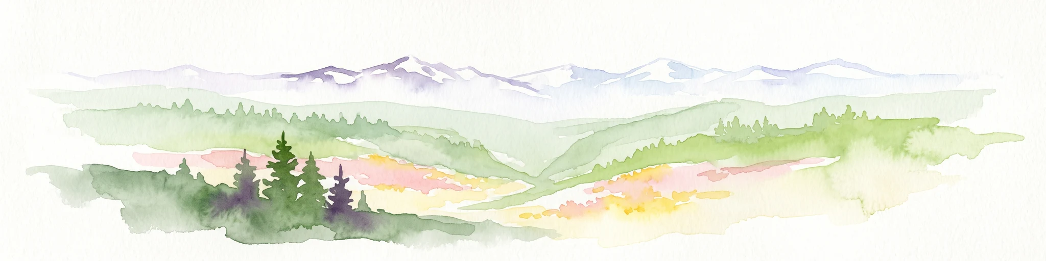 A watercolor painting showing a wide, panoramic view of a mountain range in the background, rolling green hills in the midground, and a small cluster of evergreen trees in the foreground against a white background.