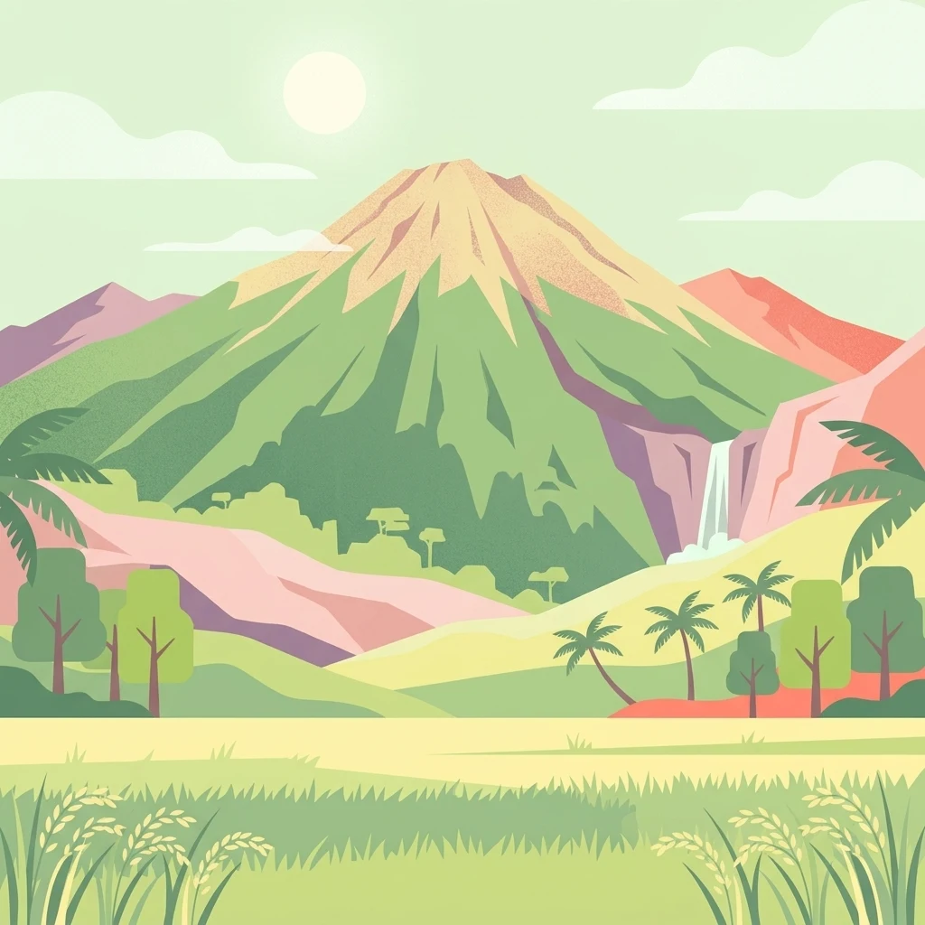 Ilustración digital plana de una gran cumbre de montaña volcánica que se eleva sobre un paisaje tropical con palmeras, campos verdes y una pequeña cascada que fluye por la ladera de la montaña.