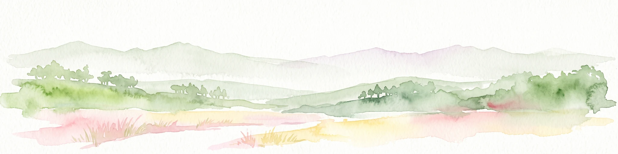 Una pintura a la acuarela que presenta suaves colinas verdes en el plano medio y siluetas de montañas de un púrpura pálido y tenue en el fondo, sobre un fondo blanco.