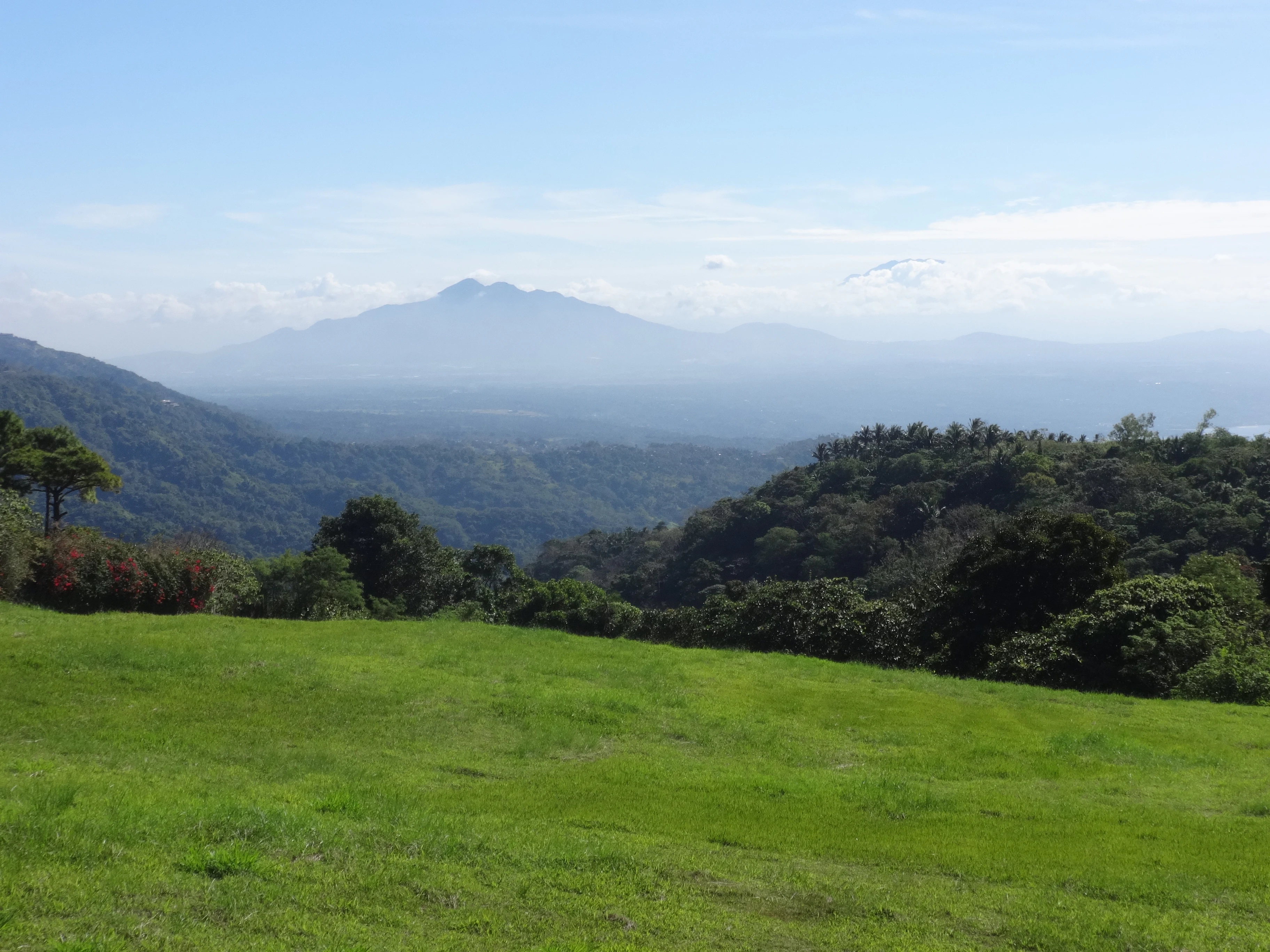 A wide, scenic view of Mount Makiling, an inactive stratovolcano, rising above layers of lush green forest and hilly terrain, viewed from a grassy field under a bright sky.