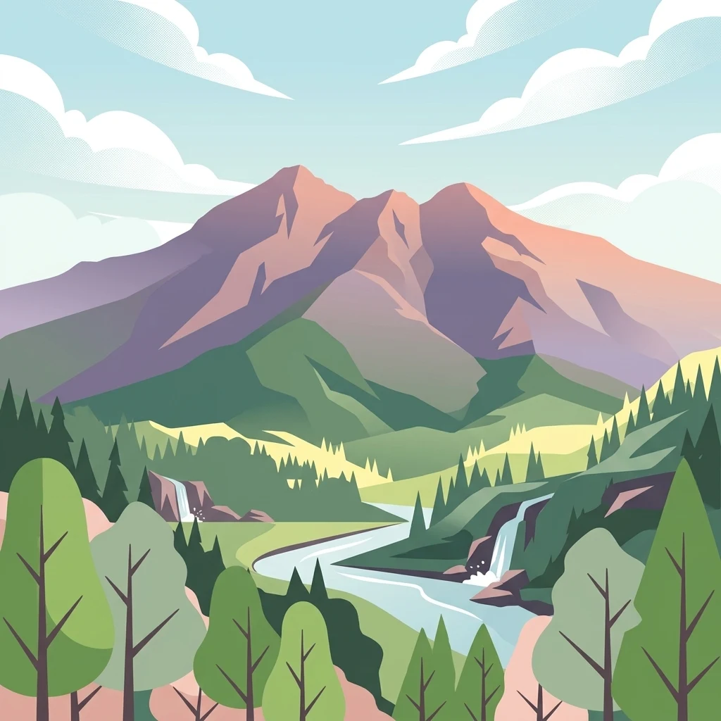 Vector-style illustration of a large mountain range with a river, waterfalls, and coniferous forest in the foreground.