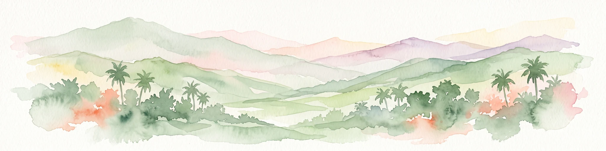 Watercolor painting of a rolling tropical mountain range with palm trees in the foreground, rendered in soft green, pink, and neutral tones.