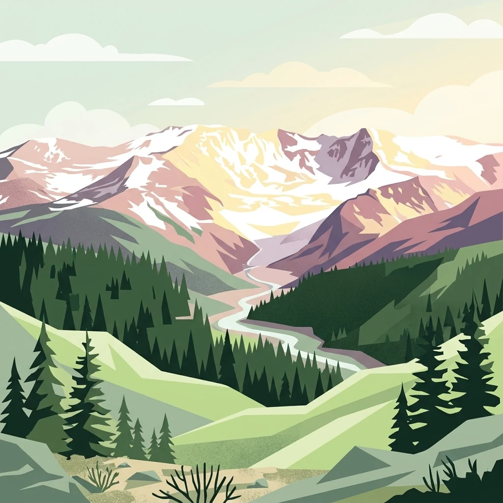 A digital illustration of snow-capped mountains above a pine forest and a winding river valley, featuring a soft, pastel color palette.