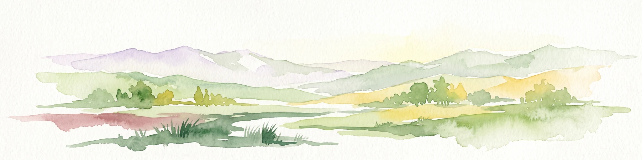 Watercolor painting of a soft landscape featuring distant mountains, rolling hills with light vegetation, and a winding stream in the foreground.