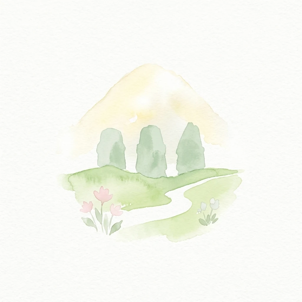 Watercolor illustration of a mountain landscape with three trees, a winding path, and pink flowers