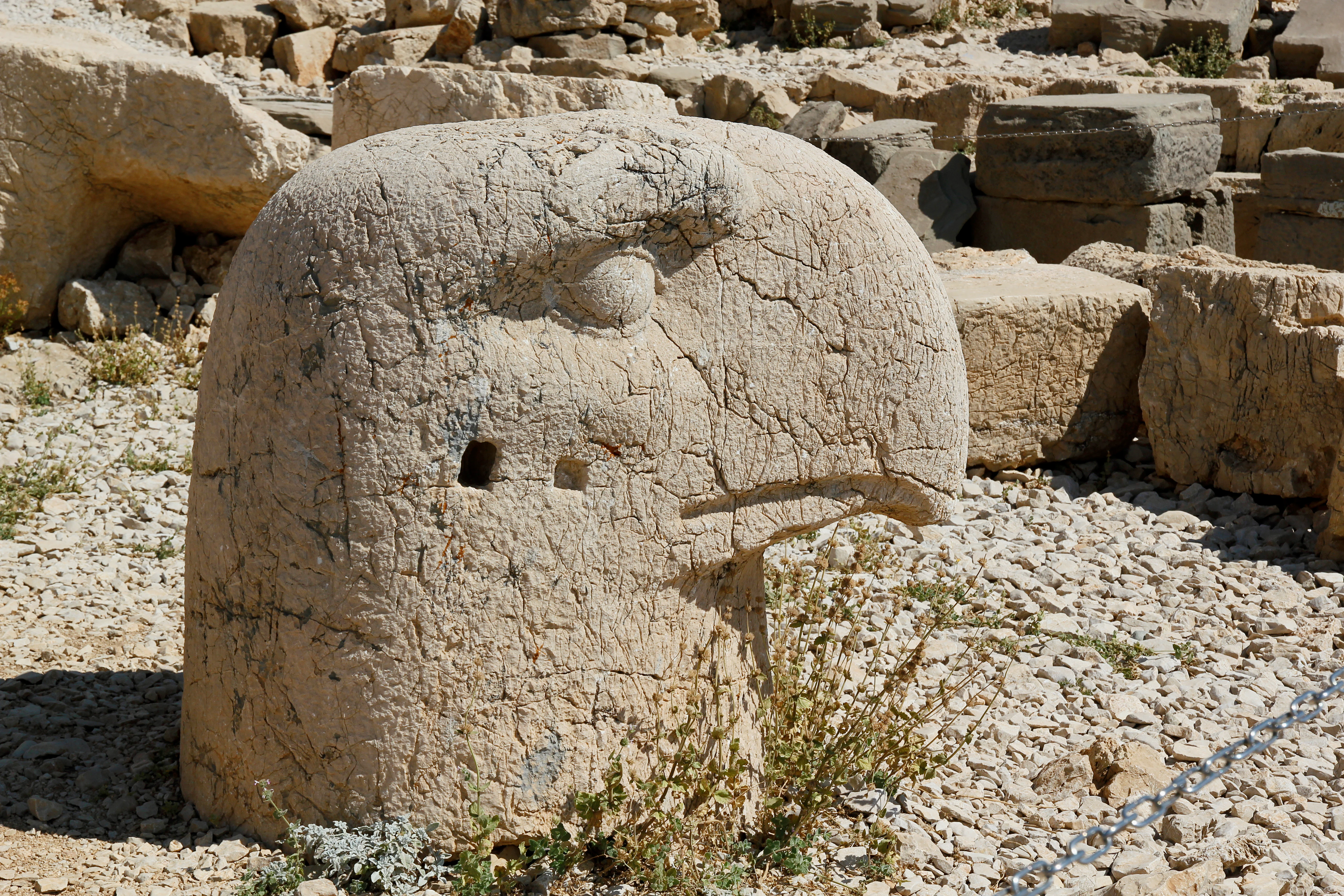 Weathered stone eagle head sculpture with cracks and small holes, set against rocky terrain and sparse vegetation