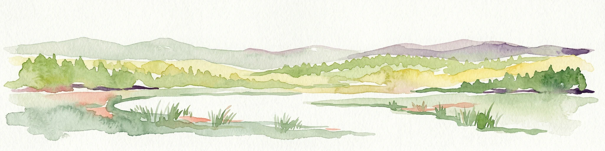Pintura de acuarela que muestra un lago con vegetación verde, colinas ondulantes y una cordillera al fondo
