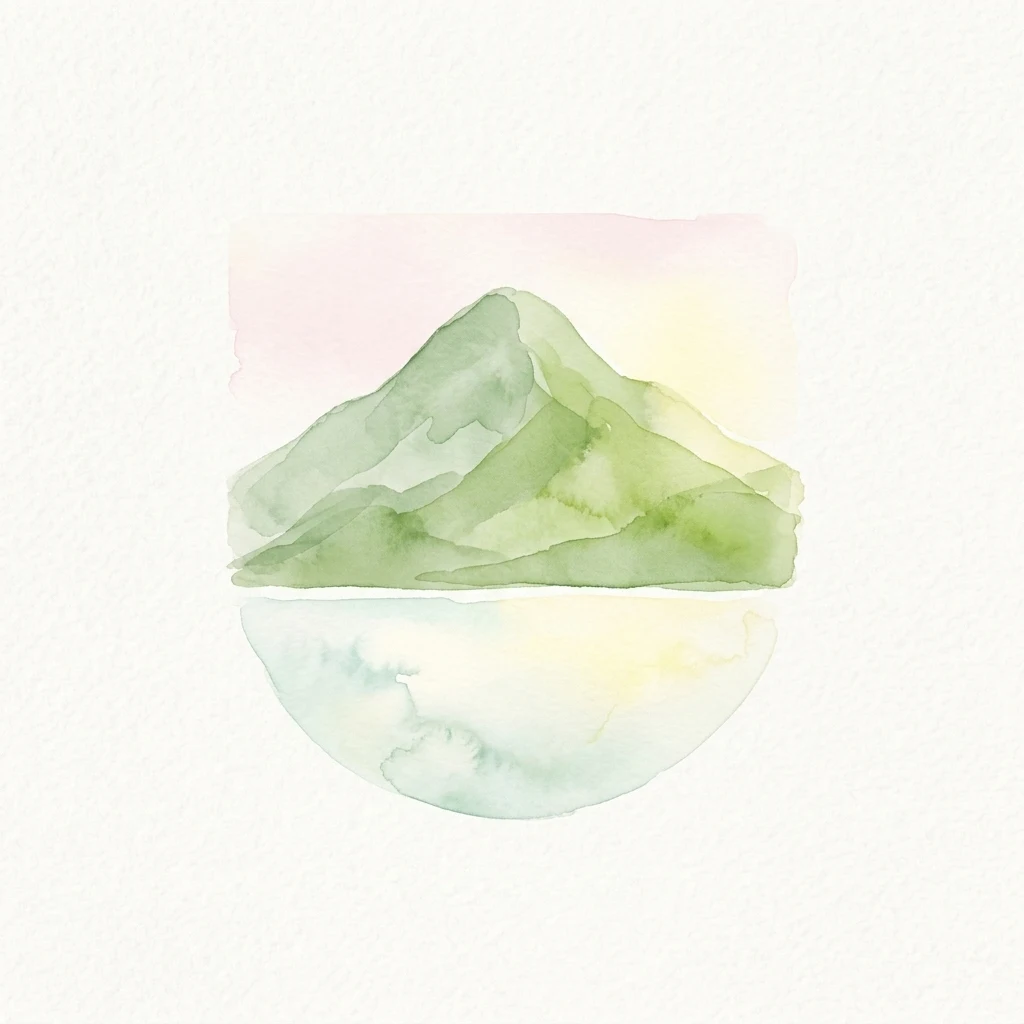 Watercolor painting of a green mountain peak reflected in a calm lake with soft pink and yellow sky background