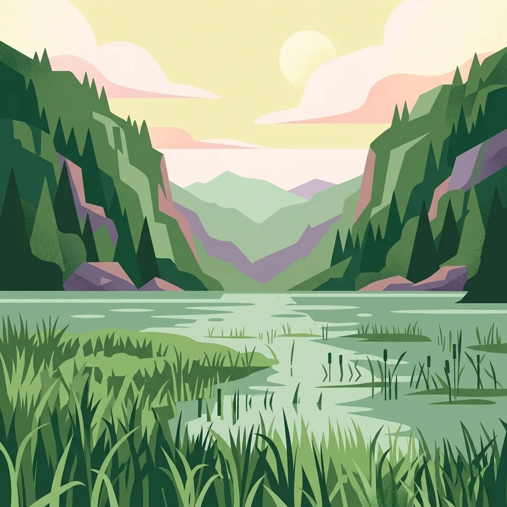 Ilustración de un valle montañoso con un lago, vegetación verde y cielo colorido