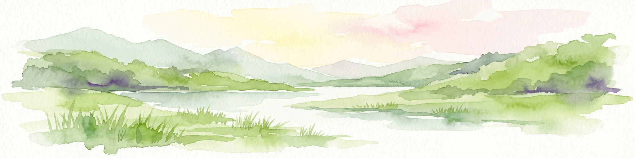 Ilustración en acuarela de un paisaje montañoso con un lago y prados.