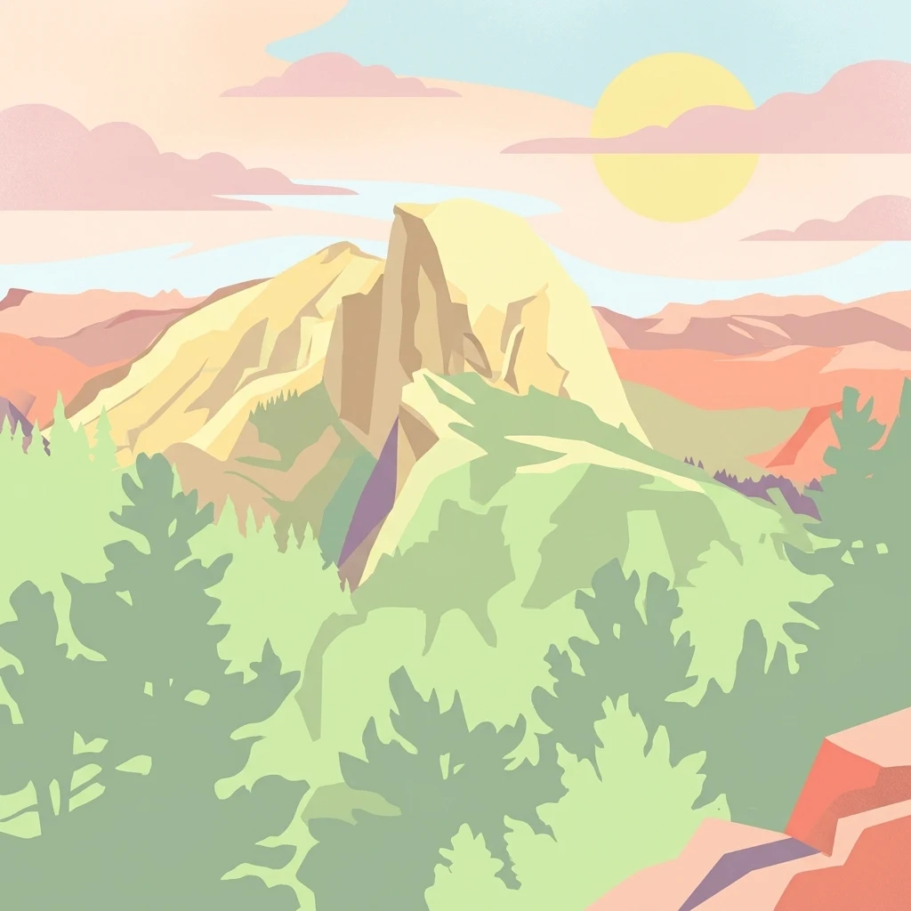 A stylized, flat-color digital illustration of the iconic Half Dome mountain peak in Yosemite, framed by evergreen trees in the foreground with a soft sunset sky.