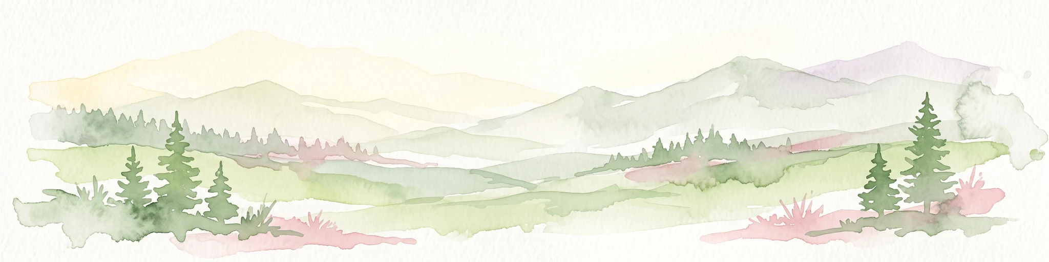 Una acuarela pálida que muestra una vista panorámica amplia de montañas en capas con colinas de color verde claro y rojo apagado en primer plano y grupos de pinos.