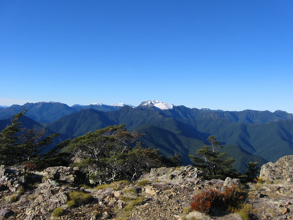 Rugged, dark green mountain peaks under a clear blue sky, viewed from a rocky, alpine foreground ridge.