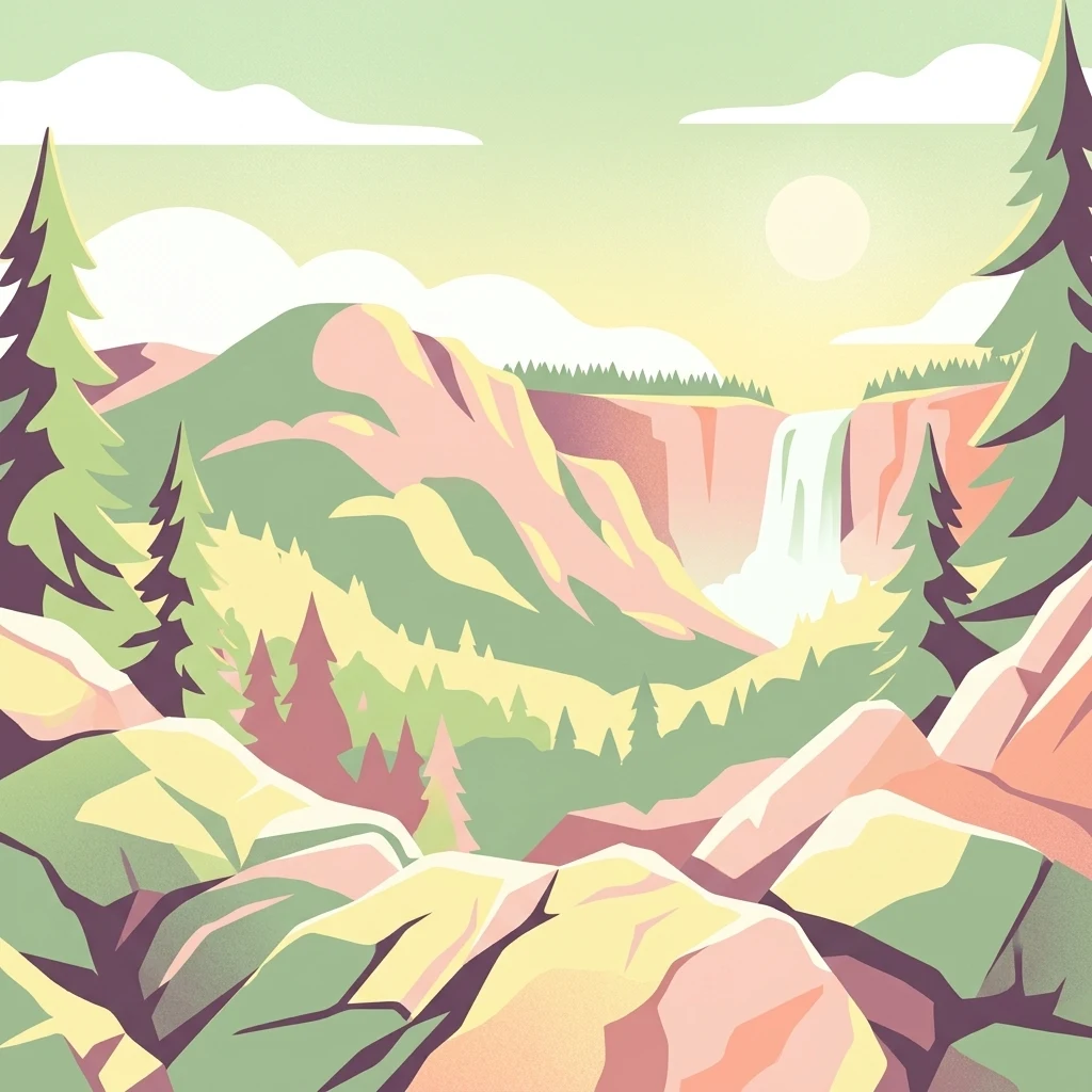 A stylized flat illustration of a mountain valley with coniferous trees, rocky foreground, and a waterfall cascading down a cliff face under a pale sun.