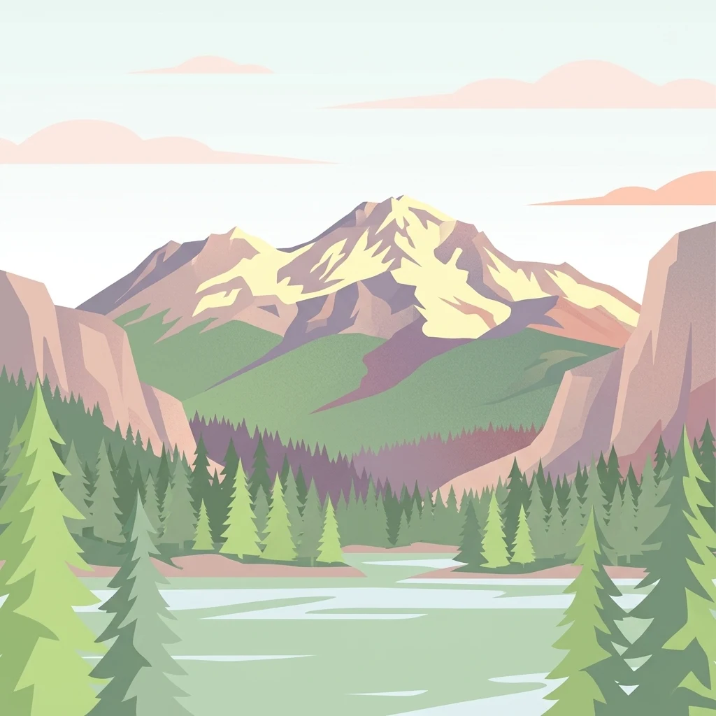A flat-style digital illustration depicting a snow-capped mountain peak towering over a lush forest and a still lake in the foreground.