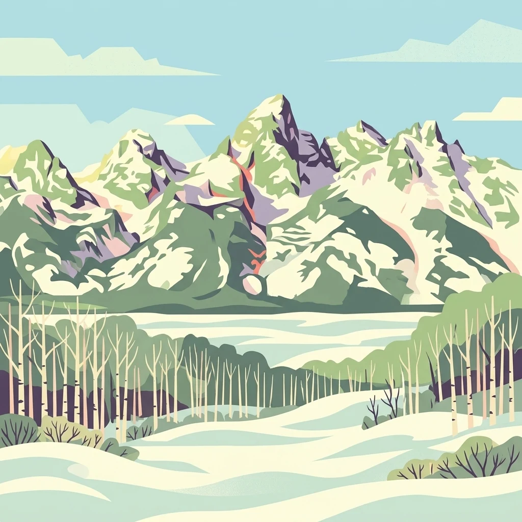 A stylized vector illustration of a jagged, snow-covered mountain range behind a foreground forest of leafless white trees and snowy ground.
