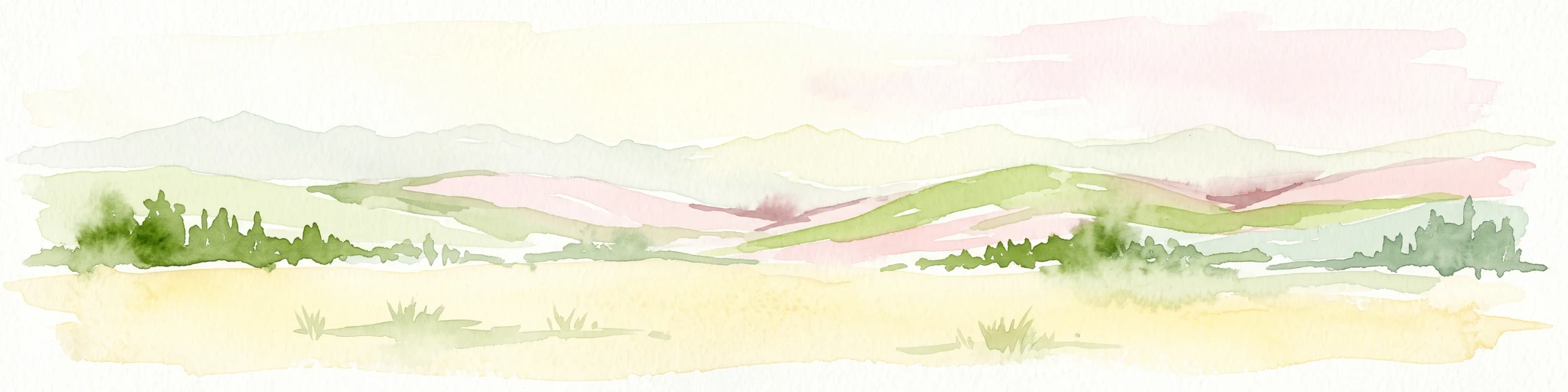 Acuarela de un paisaje montañoso con colinas onduladas de color verde claro en el plano medio y picos montañosos pálidos y de tonos suaves al fondo.