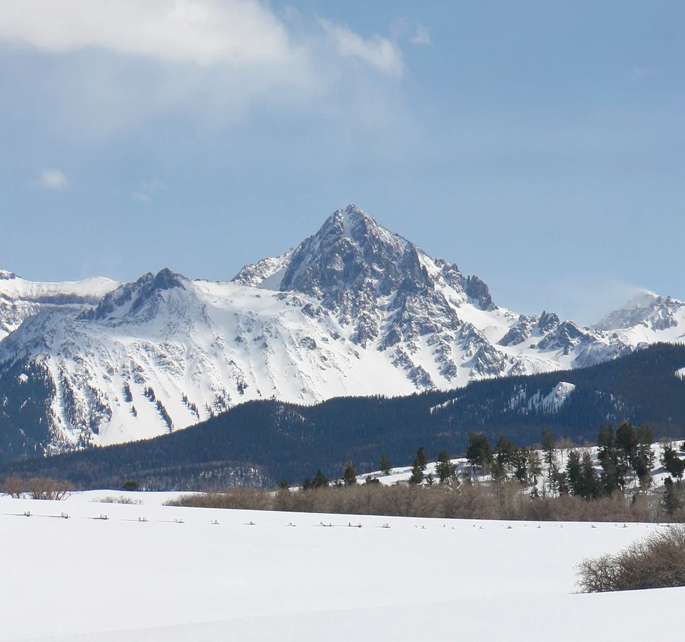 A wide view of the snow-capped, jagged peak of Mount Sneffels rising above a snow-covered field and a treeline in the San Juan Mountains.
