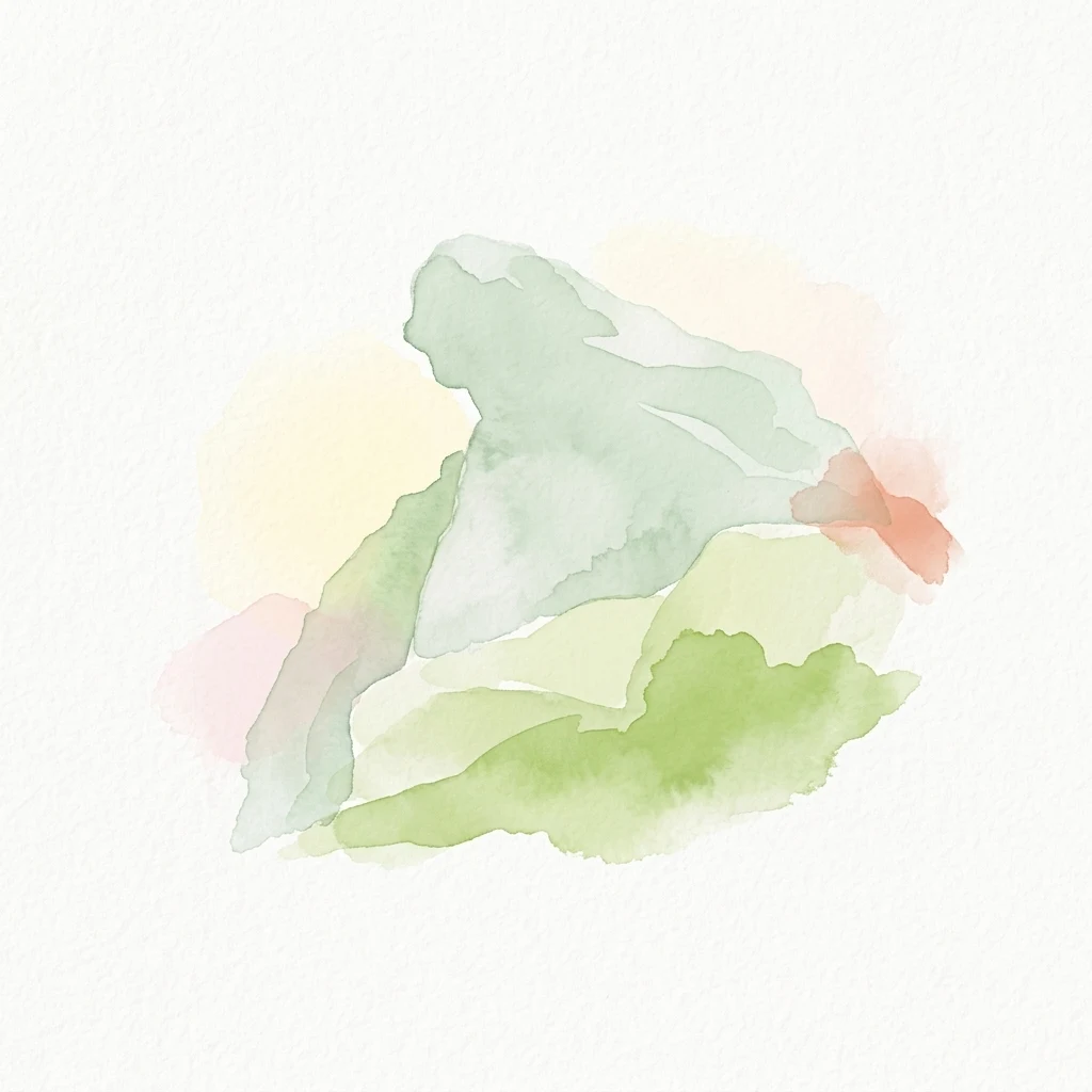 Watercolor illustration of abstract mountain shapes in green, yellow, and pink tones against a white background