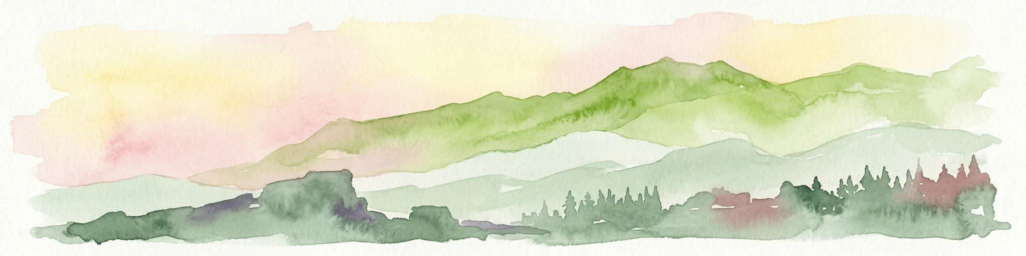 Ilustración en acuarela de cordilleras superpuestas en tonos verdes, amarillos y rosas