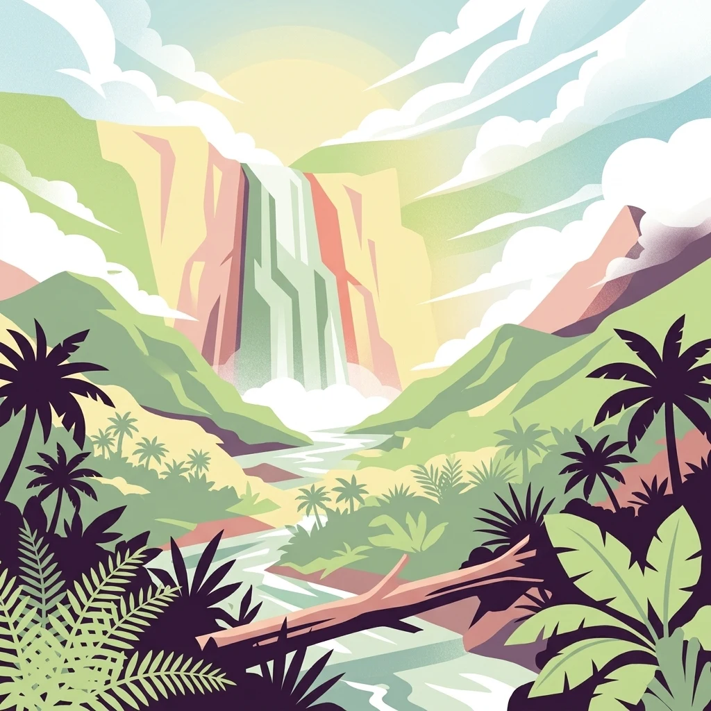Ilustración digital de una gran cascada que se precipita por un acantilado hacia un valle fluvial, rodeada de frondosas palmeras, vegetación tropical y montañas brumosas bajo un cielo despejado.