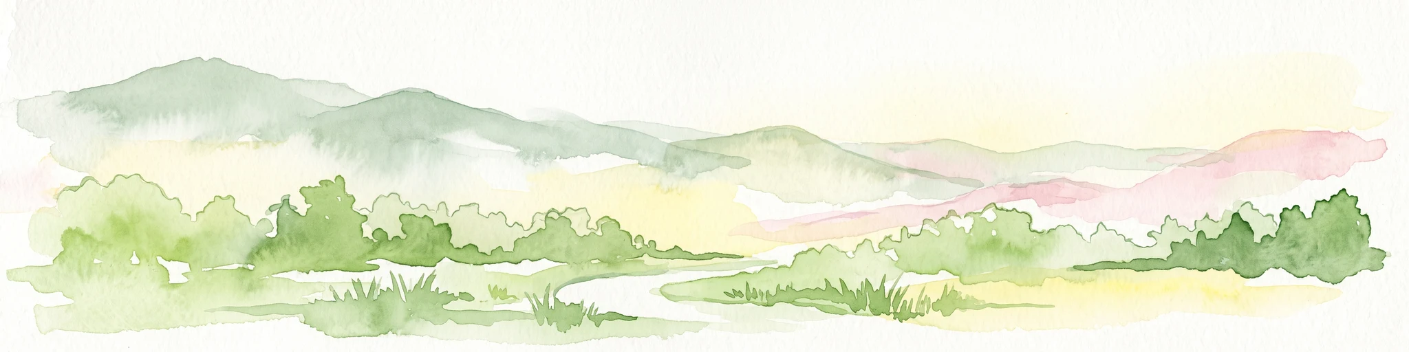 A horizontal watercolor illustration showing soft green rolling hills in the background, with lush green trees and a winding path in the foreground.