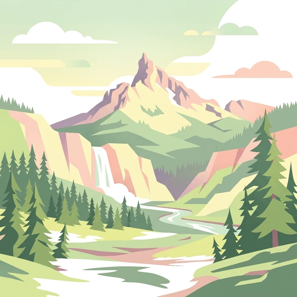 Una ilustración digital de un pico montañoso afilado al fondo, una cascada que fluye hacia un río en el plano medio y árboles de hoja perenne en el primer plano, representada en un estilo de arte vectorial plano con una paleta de colores pastel.