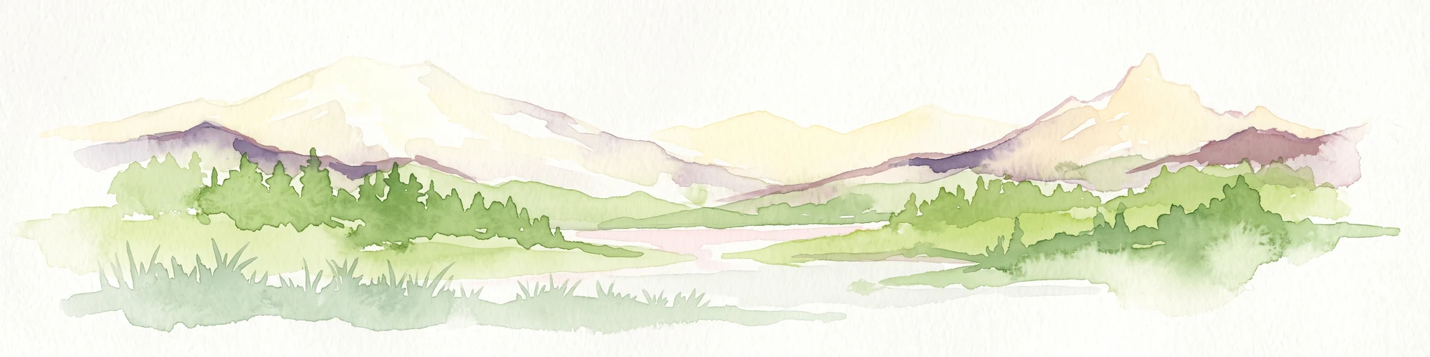A watercolor illustration of rolling green hills, a small body of water, and distant mountain peaks against a plain white background.