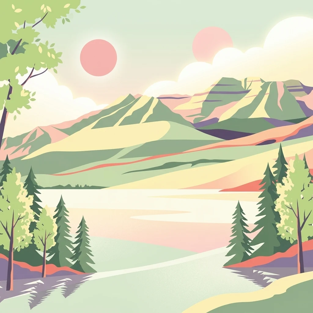 A stylized graphic illustration of a mountainous landscape featuring evergreen trees in the foreground, a calm lake, and soft-colored mountains under a sky with two circular sun-like shapes.